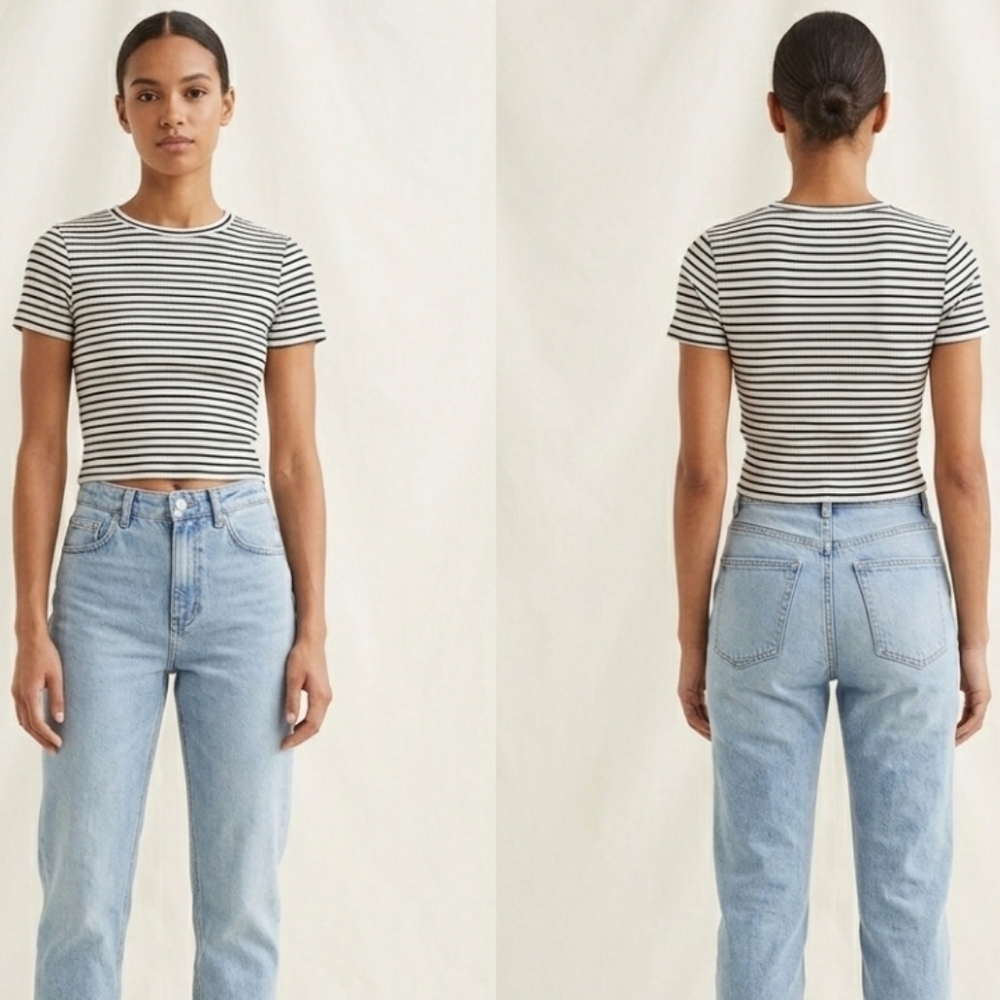 Divided H&M Ribbed Striped Crop Top Parisian Minimalist Clean Girl S, XS